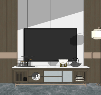 新中式电视柜su草图模型下载