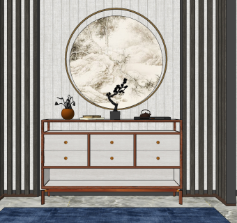 新中式实木端景柜边柜su草图模型下载