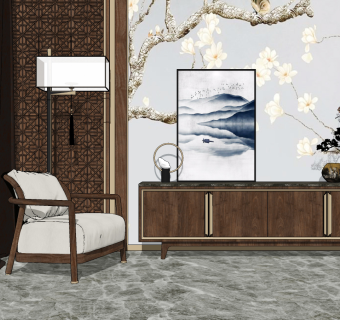 新中式实木电视柜休闲椅su草图模型下载