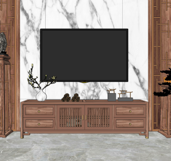 新中式实木电视柜su草图模型下载