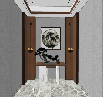 新中式玄关端景条案su草图模型下载