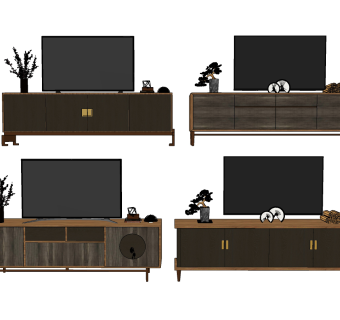 新中式实木电视柜su草图模型下载