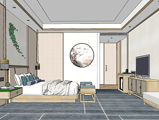 新中式酒店客房su草图模型下载