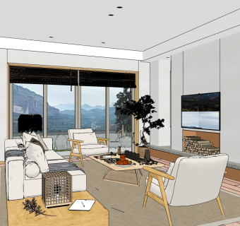 自然风民宿酒店客厅su草图模型下载