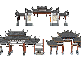 中式古建牌坊，門樓入口su草圖模型下載
