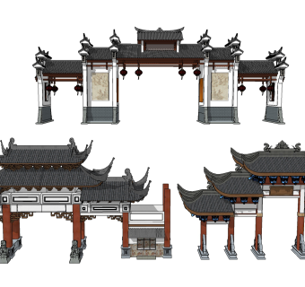 中式古建牌坊，门楼入口su草图模型下载