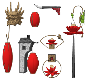 新中式龙头，荷花装饰壁灯su草图模型下载