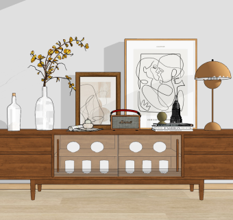 北欧现代原木电视柜su草图模型下载