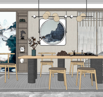 新中式餐厅，餐桌椅su草图模型下载