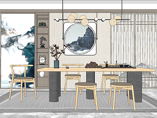 新中式餐厅，餐桌椅su草图模型下载