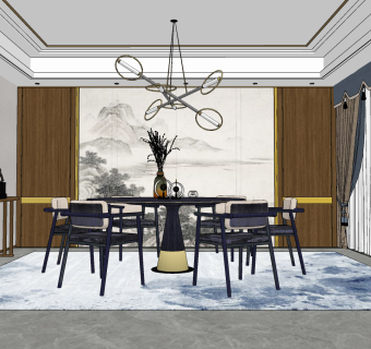 新中式餐厅su草图模型下载