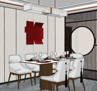 新中式餐厅su草图模型下载