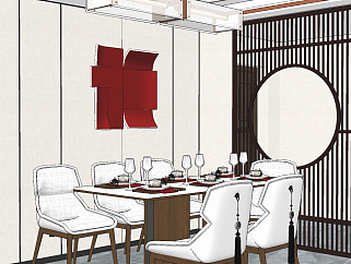 新中式餐厅su草图模型下载