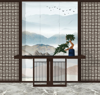 新中式实木端景条案su草图模型下载