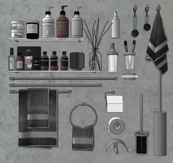 现代沐浴露毛巾牙刷洗浴用品su草图模型下载