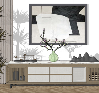 新中式实木电视柜su草图模型下载