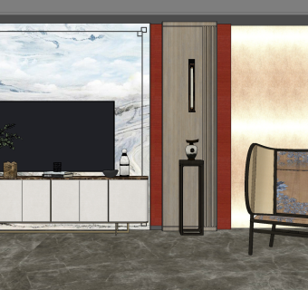 新中式简约电视柜su草图模型下载