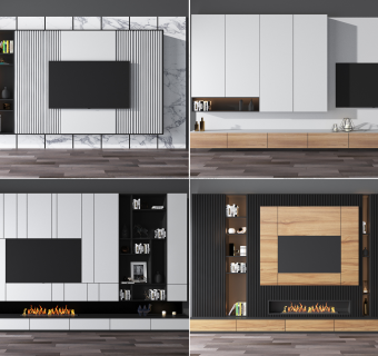 现代一体式电视柜背景墙su草图模型下载