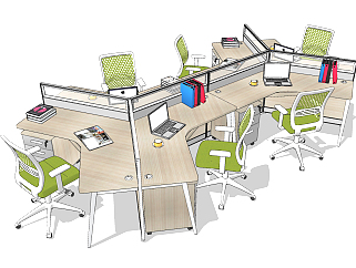 现代异形卡位办公桌椅su草图模型下载