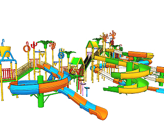 现代水上乐园儿童滑梯，游乐设施器材su草图模型下载