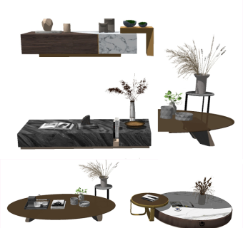 现代茶几边几，摆件su草图模型下载