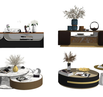 现代圆形茶几组合su草图模型下载