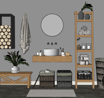 自然风台盆，浴室架，卫浴用品组合su草图模型下载