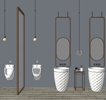 现代简约小便斗立柱式洗手台组合su草图模型下载