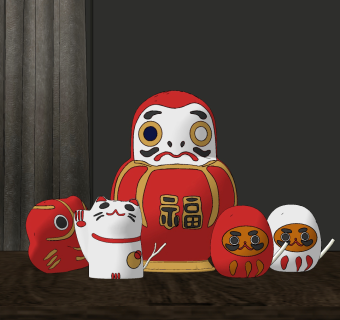 日式达摩，招财猫摆件su草图模型下载