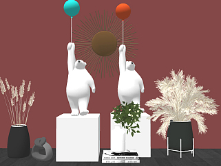 现代北极熊雕塑，干花，花瓶摆件su草图模型下载