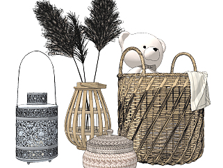 北欧竹编花瓶，竹篓，装饰灯摆件su草图模型下载