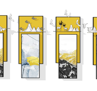 新中式山峦墙饰，挂件su草图模型下载