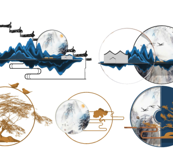 新中式山水墙饰，挂件su草图模型下载