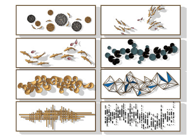现代金属鱼群，墙饰，挂件立体画su草图模型下载