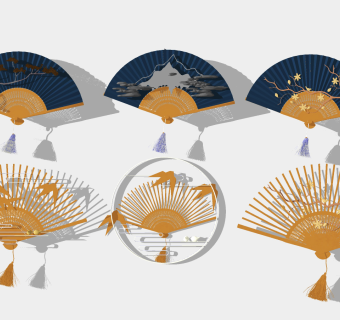 新中式金属扇子,扇面墙壁挂件su草图模型下载