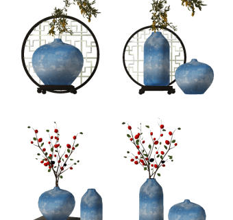 新中式陶瓷，花瓶，花卉su草图模型下载