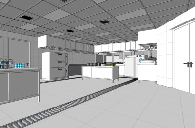 现代酒店中央厨房后厨su草图模型下载