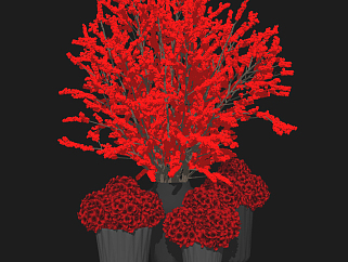 現代新中式紅色，繡球花，花藝花瓶su草圖模型下載