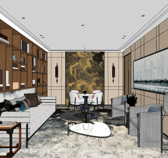 新中式会客厅su草图模型下载