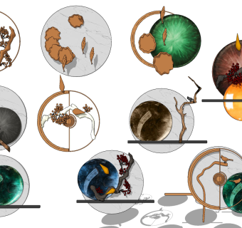 新中式金属花鸟挂件,墙饰su草图模型下载