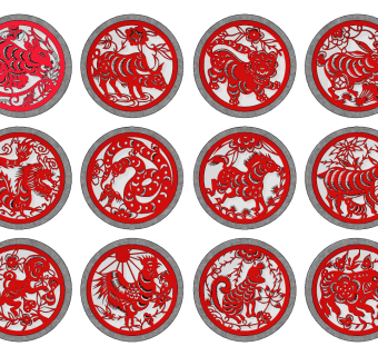 中式十二生肖剪纸墙饰，挂饰su草图模型下载