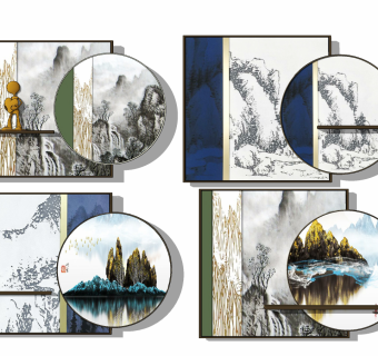 新中式端景墙壁挂件，墙饰su草图模型下载