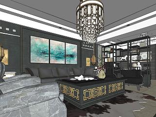新中式住宅 <em>室内设计</em>客厅卧室su草图模型下载