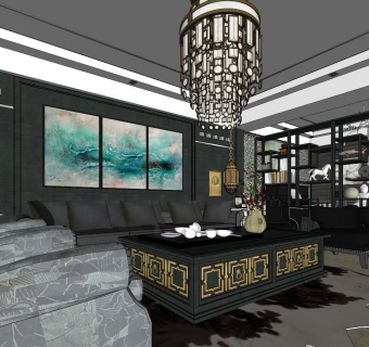 新中式住宅 室内设计客厅卧室su草图模型下载