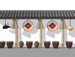 新中式乡村走廊围墙，酒缸，<em>农具</em>组合su草图<em>模型</em>下载