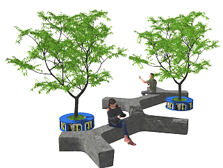 现代室外<em>水泥</em>长凳，树池，公共座椅su草图模型下载