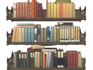 美式古典书籍，<em>书本，</em>墙面装饰架su草图模型下载