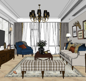 美式客厅su草图模型下载