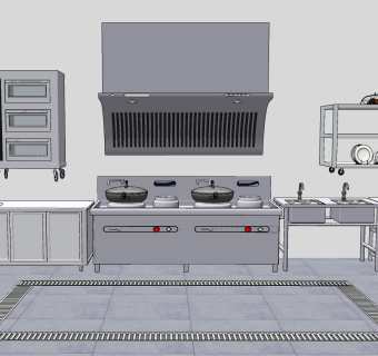 现代中央厨房集成灶，后厨设备su草图模型下载