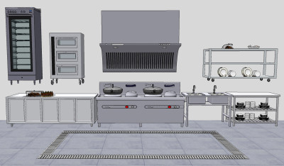 现代中央厨房集成灶，后厨设备su草图模型下载